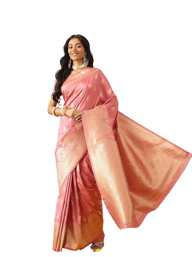 Amazon Brand - Anarva Banarasi Soft Silk Peacock Border Zari Woven Saree With Unstitched Blouse Piece