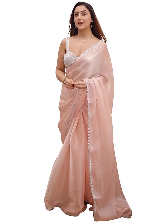 Amazon Brand - Tavasya Women's Baby Pink Jimichu Silk Saree with Elegant Lace Embroidery Work and Satin Blouse Piece – Perfect for Weddings, Parties & Festive Occasions