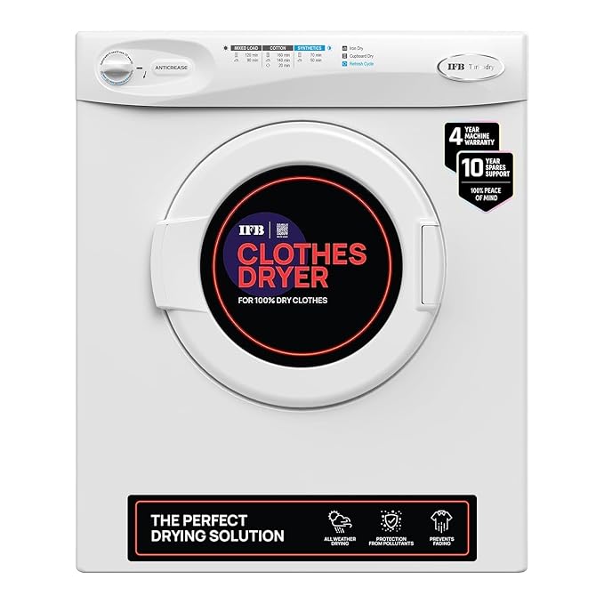 IFB 5.5 Kg Dryer Only, Fully Automatic Front Load, Refresh Cycle, Knob Control, Wall Mountable (Turbo Dry, Anti-Crease, Germ-Free Drying, White)