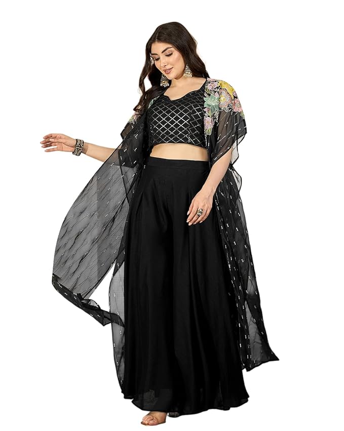 Amazon Brand - Tavasya Women Vichitra Sequence Embroide Blouse with Palazzo and Shrug|Kurta Set|Salwar Suit|3 Piece Set