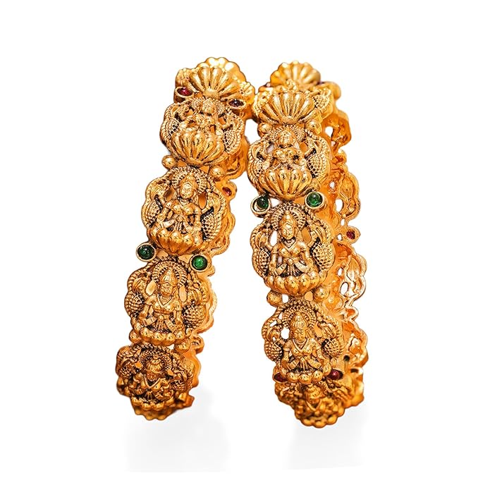 Rubans Set of 2 Gold Plated Temple Lakshmi Bangles for Women & Girls Festive Jewellery with Red Green Crystal Accents