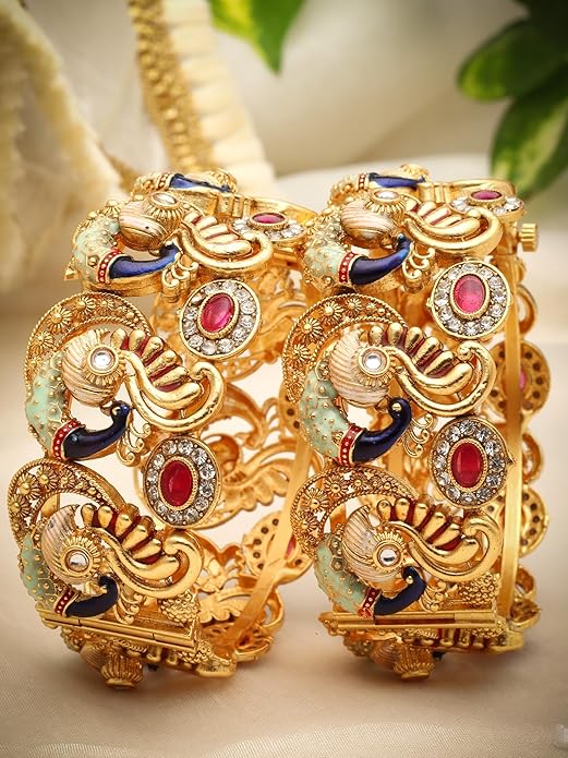 Shining Diva Fashion 18k Gold Plated Peacock Jewellery Bangles for Women | Set of 2 Bangles Set | Latest Stylish Traditional Kada Bangles | Just Like Real Gold Jewellery