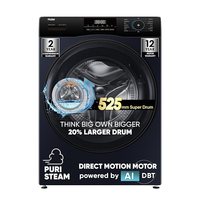 Haier 9Kg, 5 Star, Powered by AI-DBT, PuriSteam with Inbuilt Heater, 525 mm Super Drum, AI DBT Fully Automatic Front Load Washer (EFL90-DM14IBIEBK | Black)