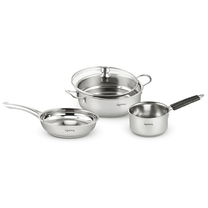 Lifelong 4 piece Stainless Steel cookware Set | 22 cm Kadai & Fry Pan 22 cm with Glass Lid | 14 cm Sauce Pan | Sandwich Bottom | Induction & Gas Stove Compatible (Silver, LLSSKFS01)