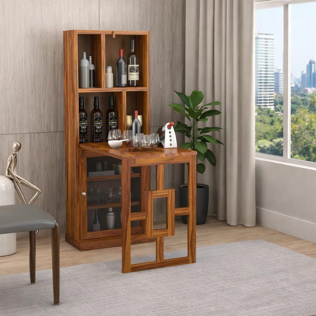 Wooden Bar Cabinet for Home - Large Bar Unit for Living Room with Wine Rack - Foldable Table & Glass Door Storage | Sheesham Bar Table for Home & Bar Counter (Walnut Finish)