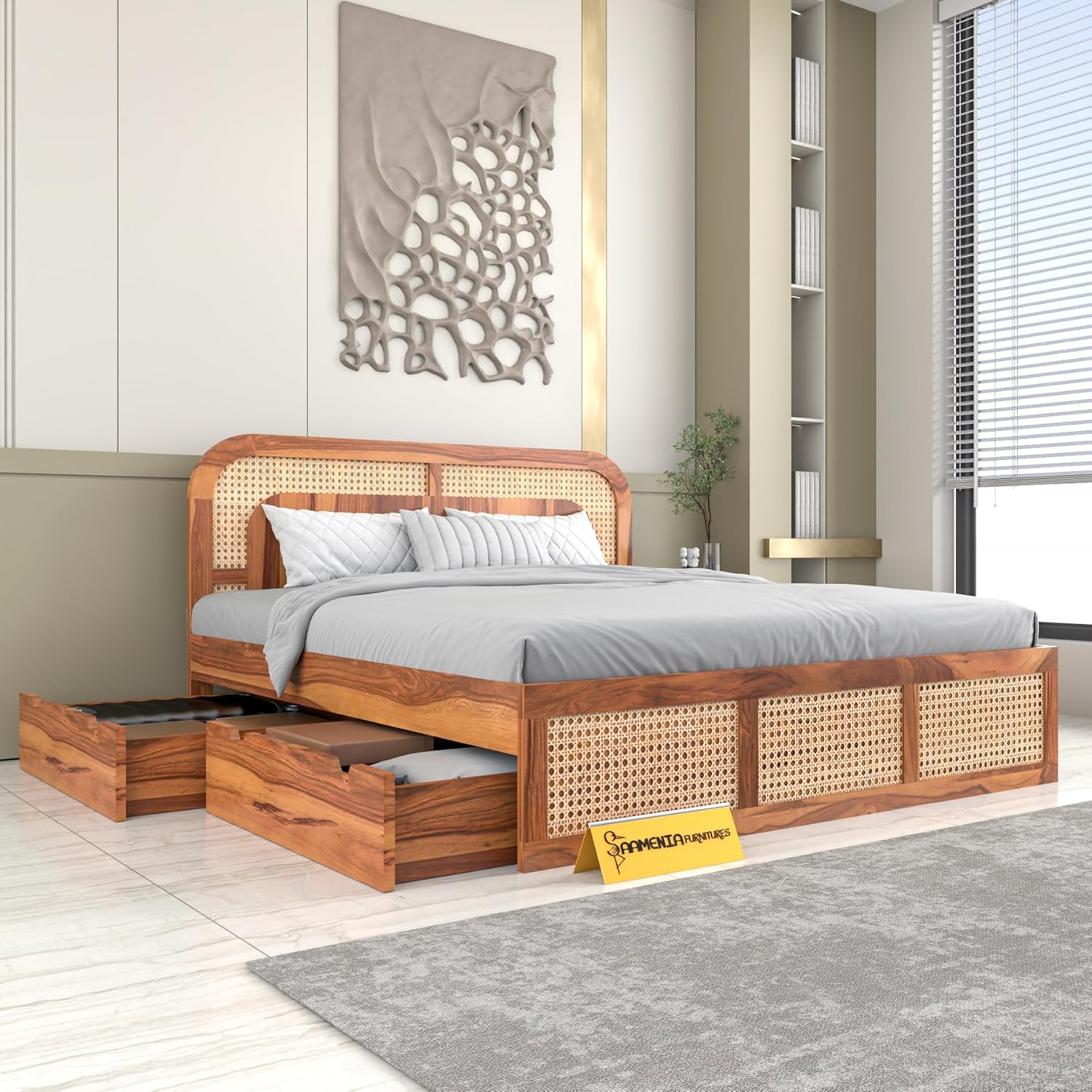 Divine Living Sheesham Wood Cane Bed with Drawer Storage for Bedroom | King Size Wooden Double Bed Palang with Curved Rattan Headboard & Footboard (Honey Finish)