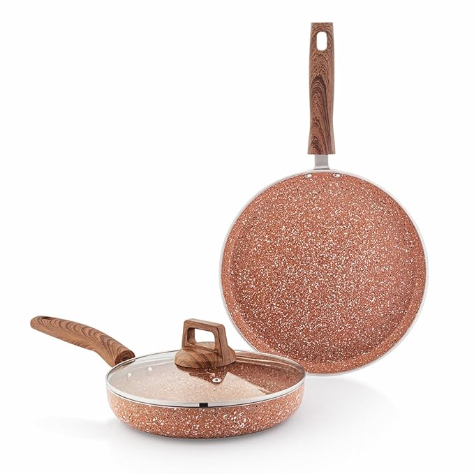 Amazon Basics Granite Finish Stainless Steel Non-Stick Induction Base Cookware | Set of 2 | 28cm Tawa, 24 cm Kadai | Rust Granito | Rust Red
