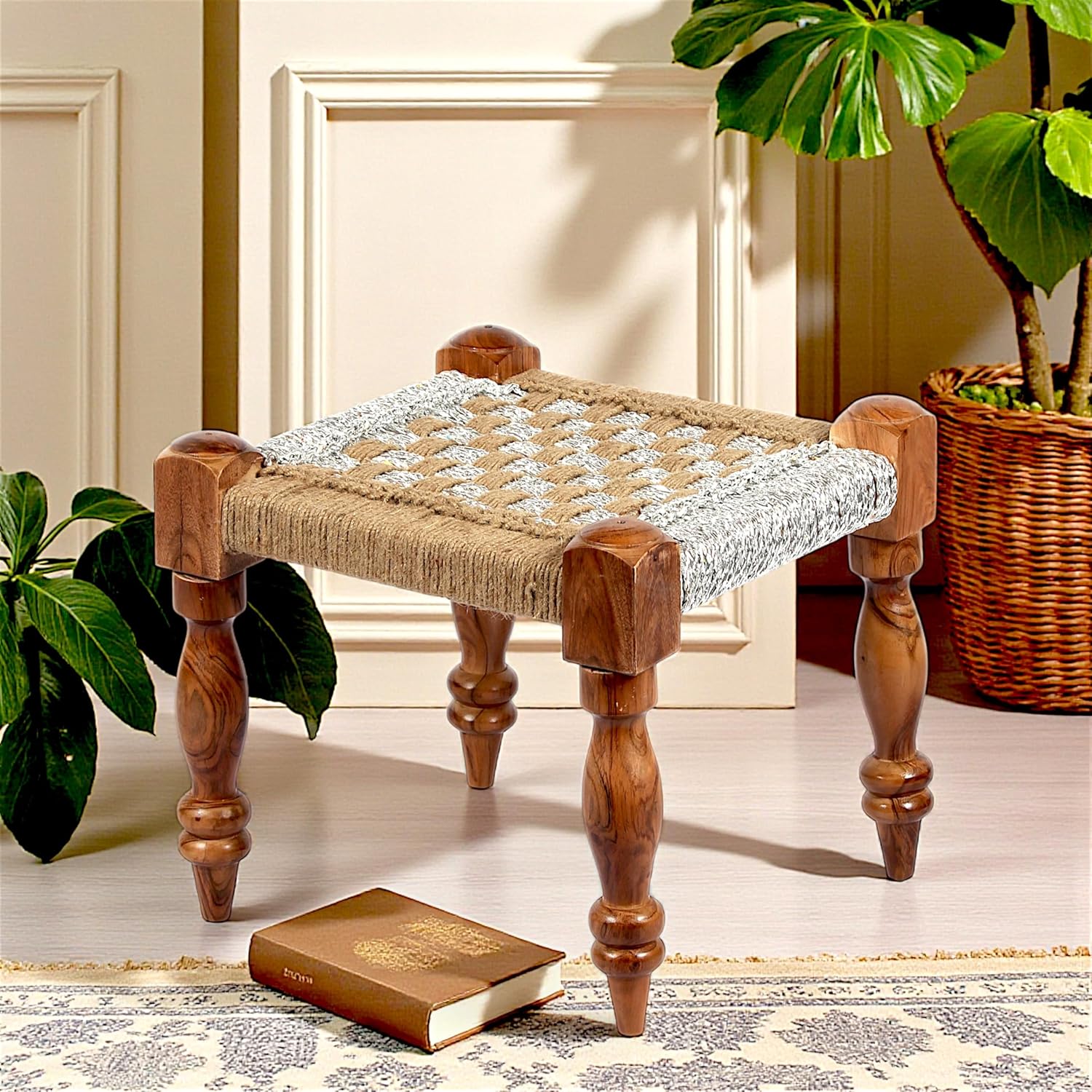 Ikiriya Stylish Riaza Sheesham Wood Vintage Square Maachi Foot Stool (Charpai, 1 Yr Warranty), Natural Jute & Silver Rope (17x17x11 Inches, 1 Yr Warranty)