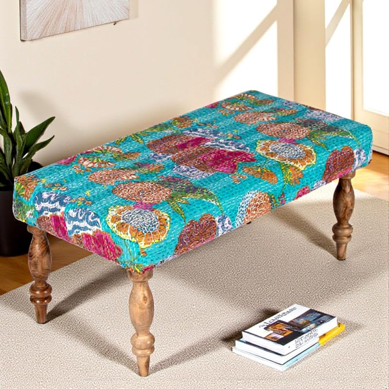Ikiriya Stylish Bestone Sheesham Wood Mid-Century 2 Seater Bench, Sea Green Fruit Print Kantha (36x18x16 Inches, 1 Yr Warranty)