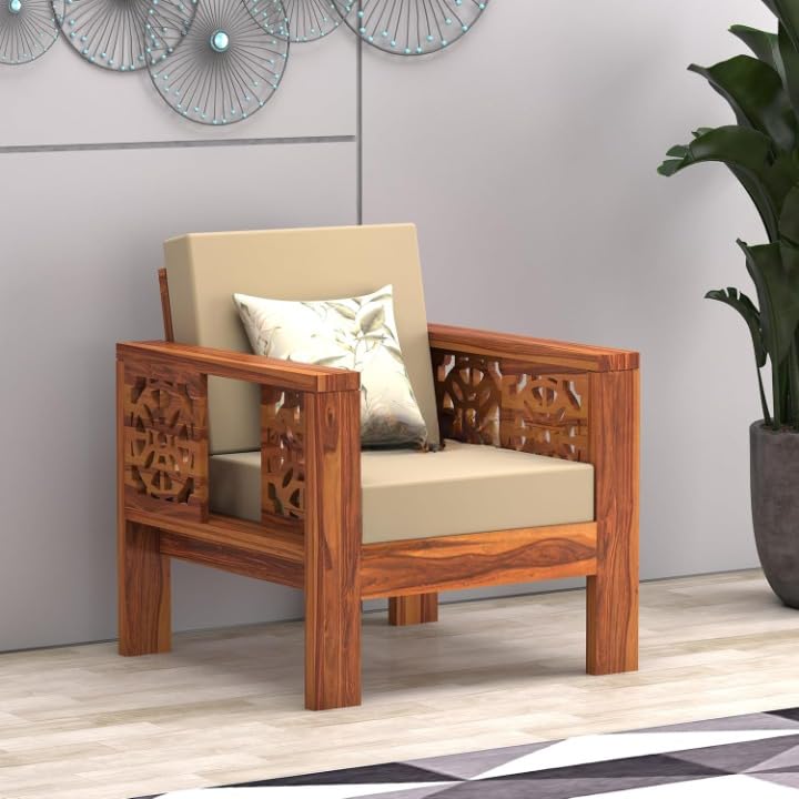 SUNCOM Sheesham Wood Single Seater Sofa Chair for Living Room - Single Sofa Chair Wooden Sofa Single Seater with Comfortable Cushion Seating (Honey Finish)