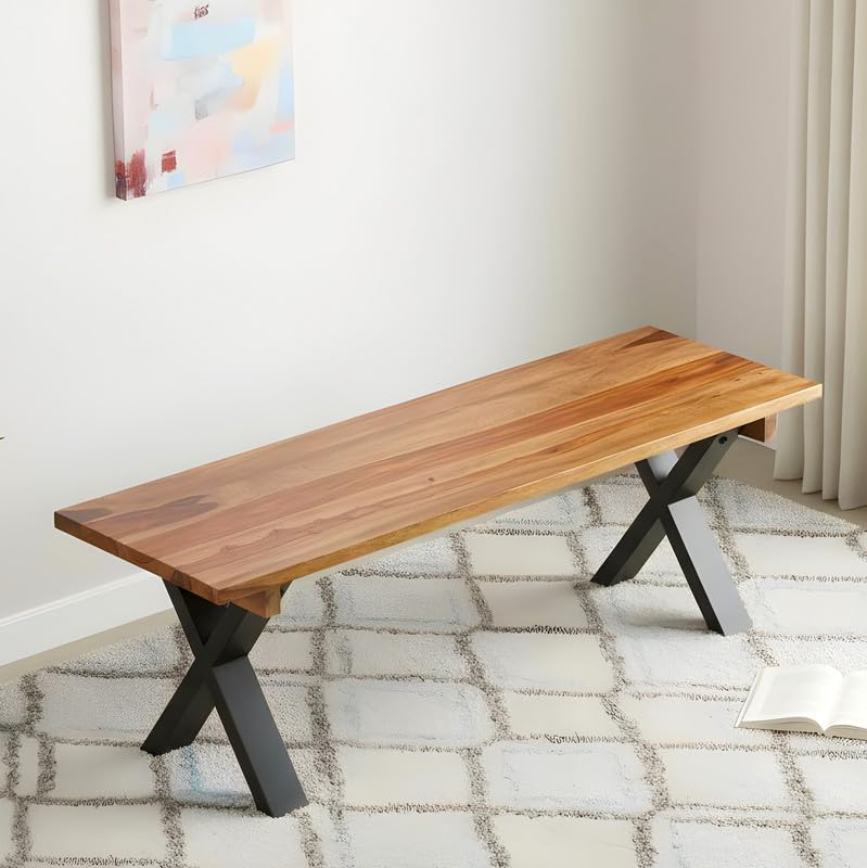 Ikiriya Stylish Tula Sheesham Wood Minimalist 3 Seater Bench, Teak Finish (48x16x18 Inches, 1 Yr Warranty)