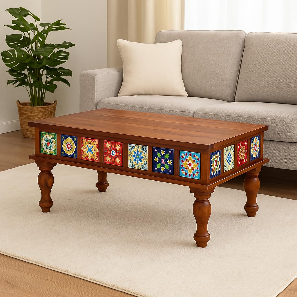 Sheesham Wood Coffee Table with Multicolor Tile Design | Wooden Center Table for Living Room | Handcrafted Tea Unit with Carved Legs | Durable Home Furniture | Honey Finish
