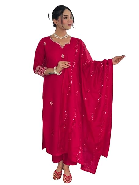 Naixa Women's Gajri Chanderi Embroidered Straight Kurta with Chanderi Silk Pant and Chanderi Silk Laced Dupatta Sets (NK-426)