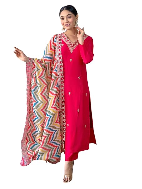 Naixa Women's Viscose Embroidered Straight Kurta with Pant and Dupatta Sets (NX-467)