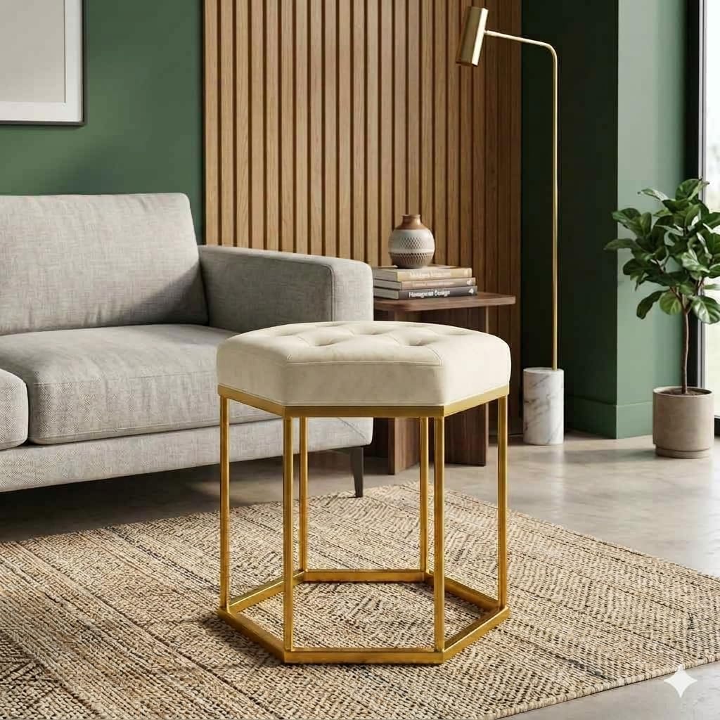 Luxury Hexagonal Velvet Stool – Tufted Cushion with Gold Metal Base | Modern Vanity Makeup Chair for Bedroom, Living Room & Home Décor (Off White)