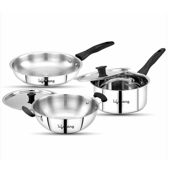 Lifelong 5 Piece Stainless Steel Cookware Set|2.2L Kadhai with Lid 22cm|1.4L Fry Pan 22cm|1.2L Saucepan 16cm|Comes with Two Lid|Induction & Gas Compatible|Bakelite Handles|Easy to Clean (Silver)