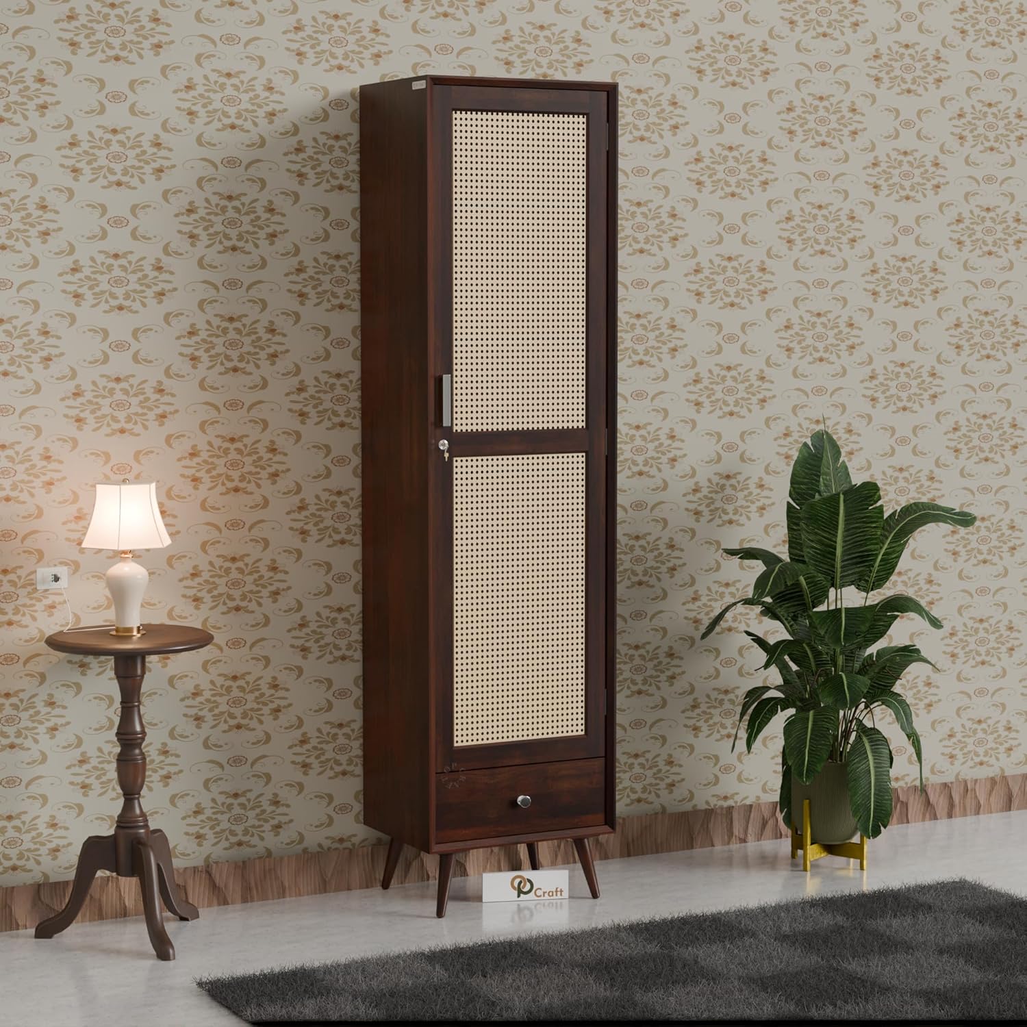 Wooden Storage Cabinet with Cane Doors & Drawer | Tall Solid Wood Wardrobe Cabinet with Shelves | Modern Slim Storage Unit for Bedroom, Living Room & Entryway (Walnut Finish)