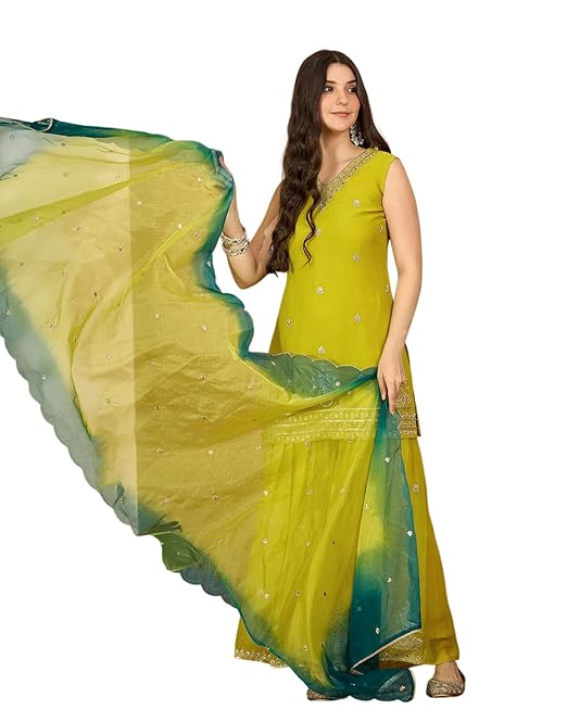 Amazon Brand - Tavasya Women Georgette Zari Sequence Thread Embroidered Kurta with Palazzo and Dupatta | Kurta Set