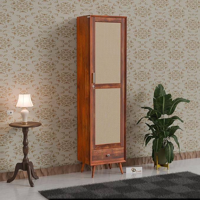 Solid Wood Wardrobe Cabinet with Cane Door & Drawer | Tall Wooden Storage Unit with Shelves | Modern Slim Almirah for Bedroom, Living Room (Black Finish)