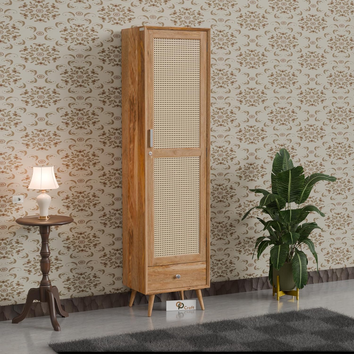 Solid Wood Wardrobe Cabinet with Cane Door & Drawer | Tall Wooden Storage Unit with Shelves | Modern Slim Almirah for Bedroom, Living Room (Black Finish)