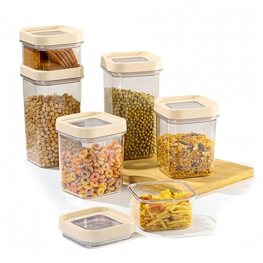 CELLO Airlock Square Pet Storage Jar for Kitchen Set of 6 Pcs White | 2 x 450ml, 2 x 900ml, 2 x 1350ml Fridge Safe Stackable Kitchen Storage Container Jar Set for Bread Cereal Coffee Fruits Spices