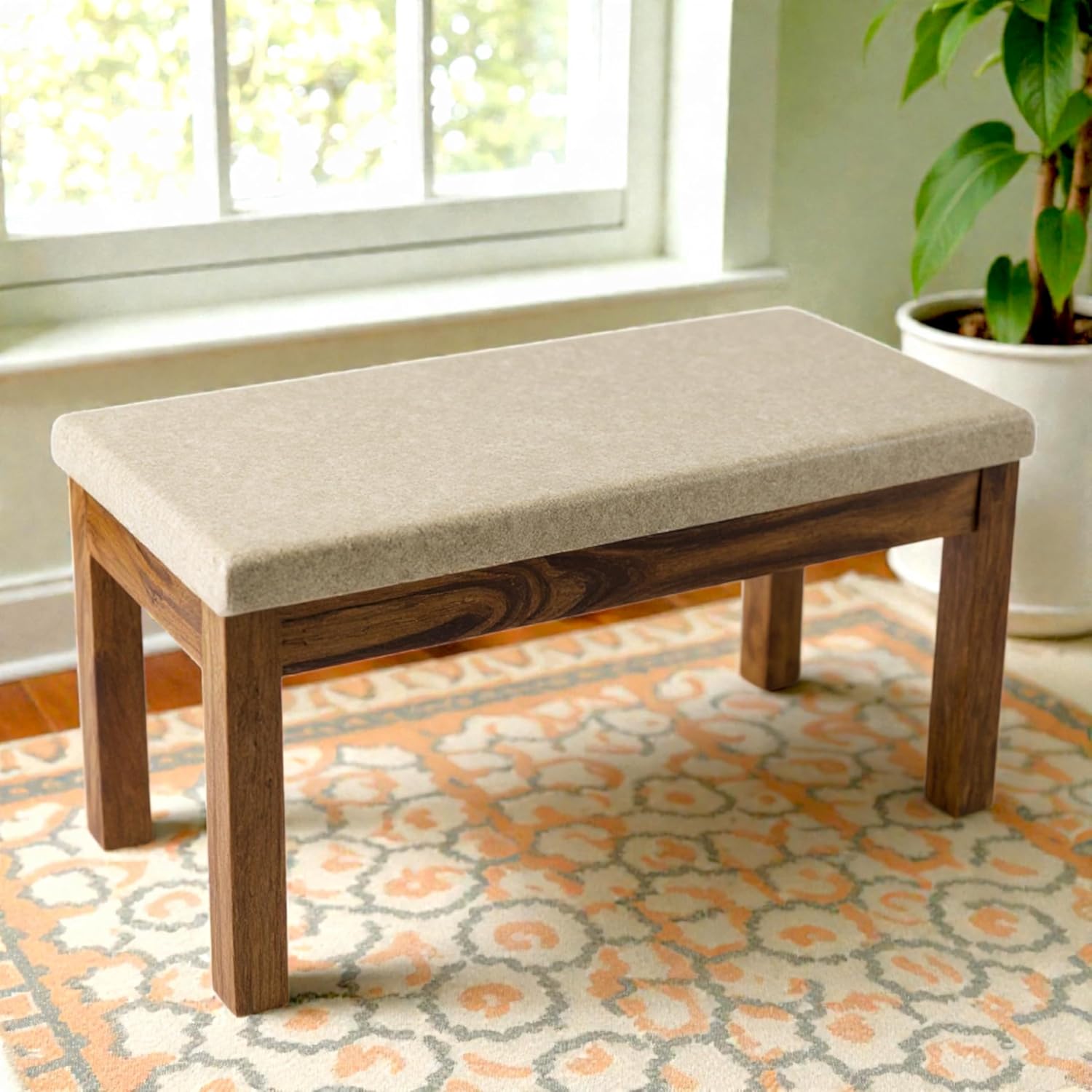 Ikiriya Stylish Maati Sheesham Wood Accent 2 Seater Bench, Jute Beige Upholstery (36x18x16 Inches, 1 Yr Warranty)