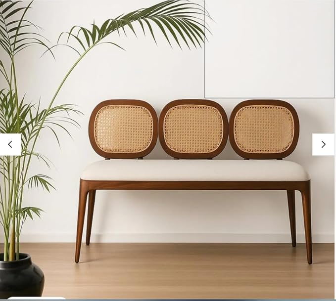 Lira Rattan Solid Wood Bench for Living Room | Wooden Cane Settees Sofa 2 Seater with Cushion Seating | Acacia Wood, Light Walnut Finish | Recamiers for Home, Bedroom & Outdoor Use