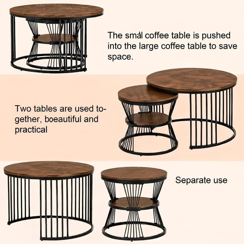 Modern Nesting Coffee Table for Living Room | Round Marble Finish & Wooden Look Centre Table | Metal Frame Tea Table | Sofa Table | Teapoy Table Set of 2 (Black Antique)