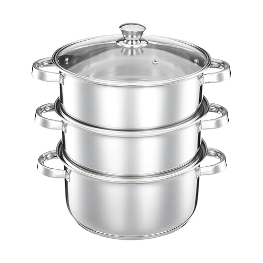 Amazon Brand – Solimo Stainless Steel 3-Tier Steamer with Glass Lid | 20 cm | Induction Bottom | For Modak, Momos & More | Compact & Versatile | Rust-Resistant