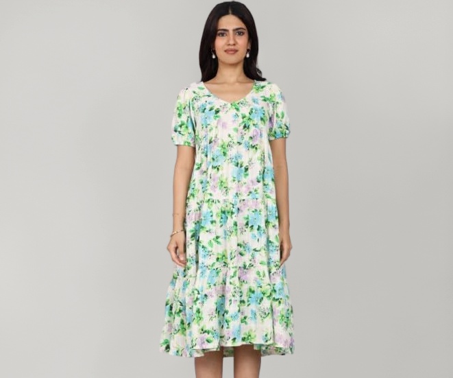 WEARHOUSE Women's Dress, Short Sleeve White Green Floral Print