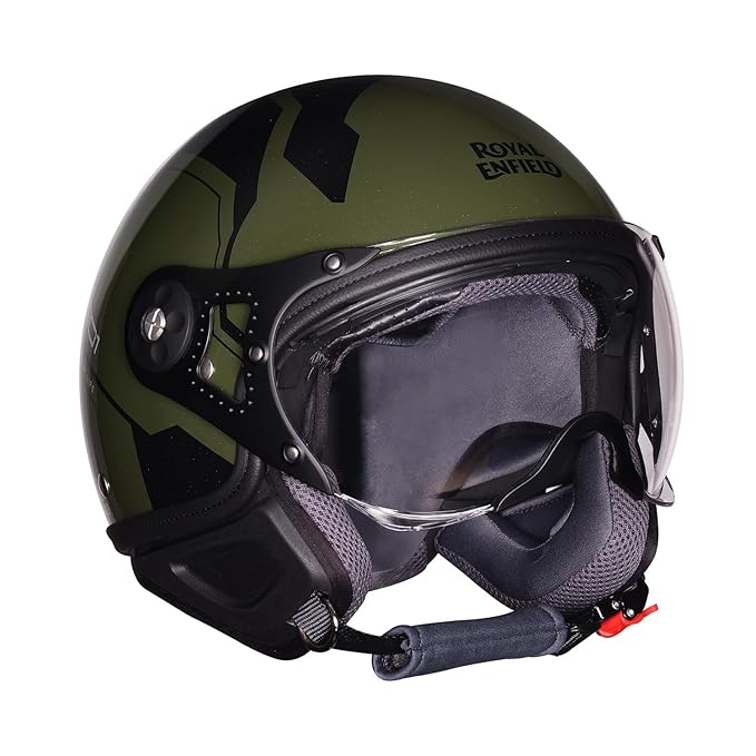 Royal Enfield Airforce 1901 Open Face Helmet | Certification: ISI & DOT | High Impact Grade ABS Shell|High Strength EPS Liner for Added Strength|Sleek Aviator Inspired Design | Battle Green (L) 60 CM