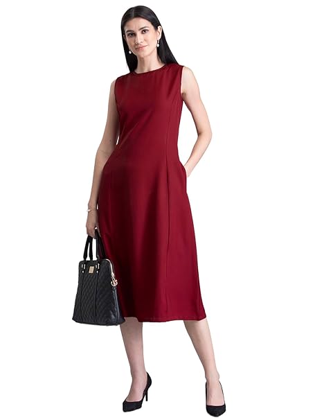 FableStreet Women's Casual Polyester Stylised Neck A Line Midi Dress