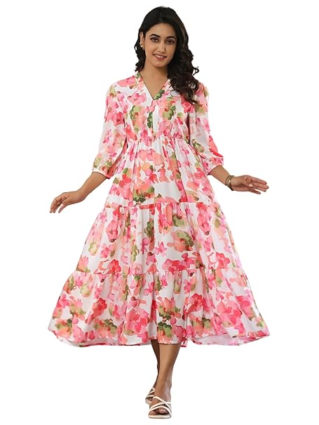 Leriya Fashion Dress for Woman | Maxi Dress for Women Stylish | Women’s Elegant A Line Dresses Summer Long Georgette with Floral Prints | Perfect Gaun Wear for Womens