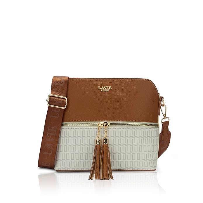 Lavie Luxe Women's Mono Tiara 25 Medium Monogram Print Tassel Cross Body Sling Bag | Ladies Purse Handbag | Ladies Gift
