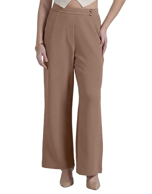 Selvia Peach Lycra Straight Leg Trousers for Women, High Waist Button Detail Pant