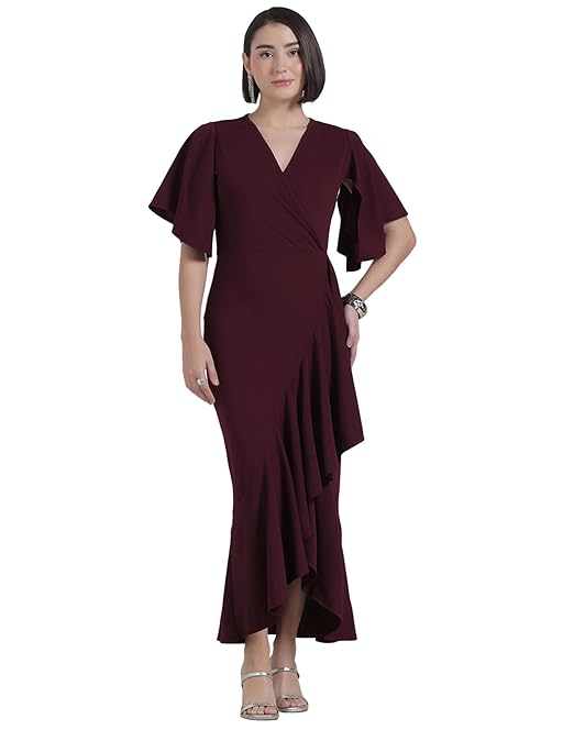 Selvia Wine Flutter Sleeve Bodycon Midi Dress for Women, V-Neck Ruffle Hem Outfit