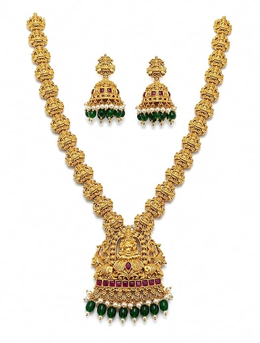 Traditional Temple Jewellery Set for Women Gold Plated Lakshmi Long Haram Necklace with Jhumka Earrings, Green Beads & Ruby Stone Ethnic Bridal Wedding Jewellery
