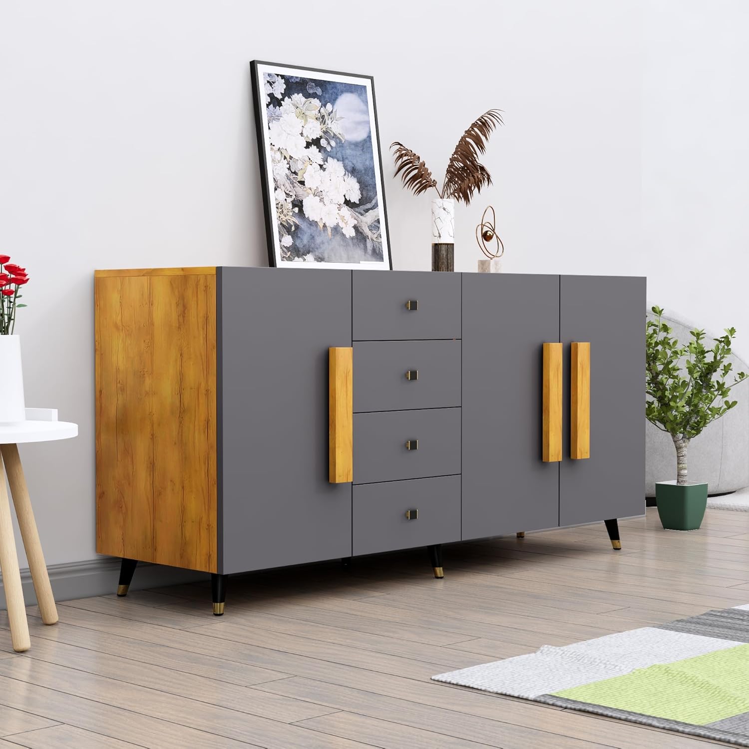 Bniture Wooden Sideboard Cabinet for Living Room | Wooden Storage Cabinet with 3 Door & 4 Drawers | Engineered Wood Multipurpose Cabinet with Spacious Shelves for Home | Giant Wood & Slate Grey Visit the Bniture Store