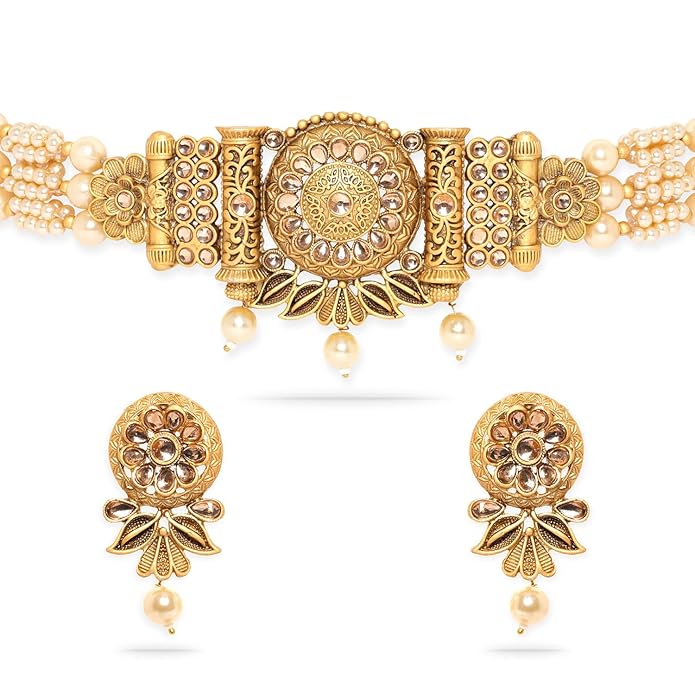 Rubans Gold Plated Choker Necklace Set Pearl Ethnic Jewellery Gift for Women & Girls