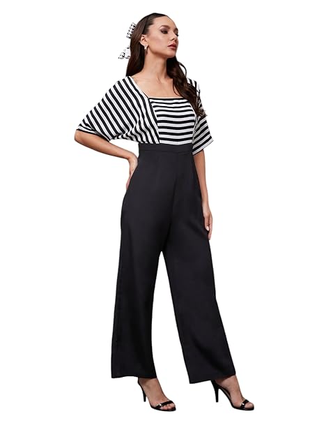 Miss Chase Women's Square Neck Half Sleeve Striped Jumpsuit