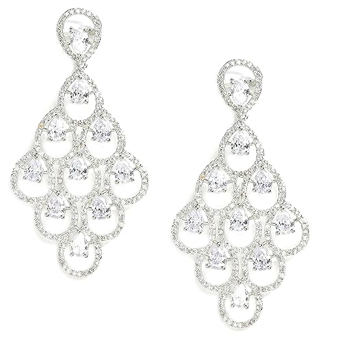 ZENEME Rhodium-Plated Silver-Toned White American Diamond Crystal Chandelier Earrings for Women & Girls Long Statement Earring Jewellery