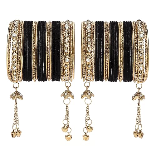 ZENEME Gold-Plated Matte Finish Velvet American Diamond Studded Gold Pearl Tasselled Bangles Set Of 56 For Girls and Women