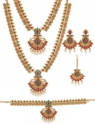 Shining Diva Fashion Long & Short Necklace Jewellery Set for Women with Maang Tikka and Kamarband | Latest Stylish Design Fancy Pearl Temple Peacock Jewelry | South Indian Jewellery Combo Set (17304s)