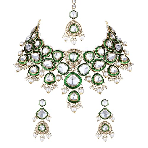 I Jewels Gold Plated Traditional Kundan & Pearl Drop Bridal Necklace With Earrings & Maang Tikka Jewellery Set For Women (K7293G)