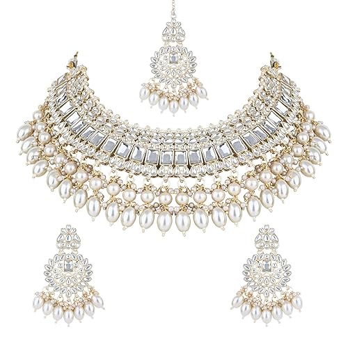I Jewels Traditional Kundan & Pearl Drop Choker Necklace Jewellery with Dangle Earrings & Maang Tikka For Women (K7281W)