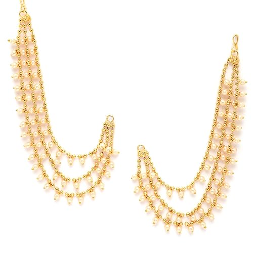 ZENEME Gold-Plated White Pearl Drop Ear Chain Earrings for Women & Girls | Traditional Long Ear Chain with Pearl Tassel Detailing | Alloy Ethnic Jewellery
