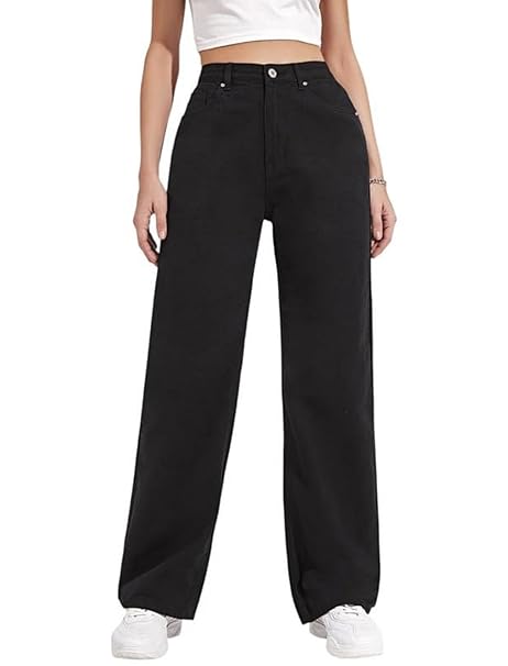 DEELMO Women High Rise Wide Leg Denim Jeans | Straight Fit Full Length Casual Wear Jeans with Functional Pockets for Daily Use