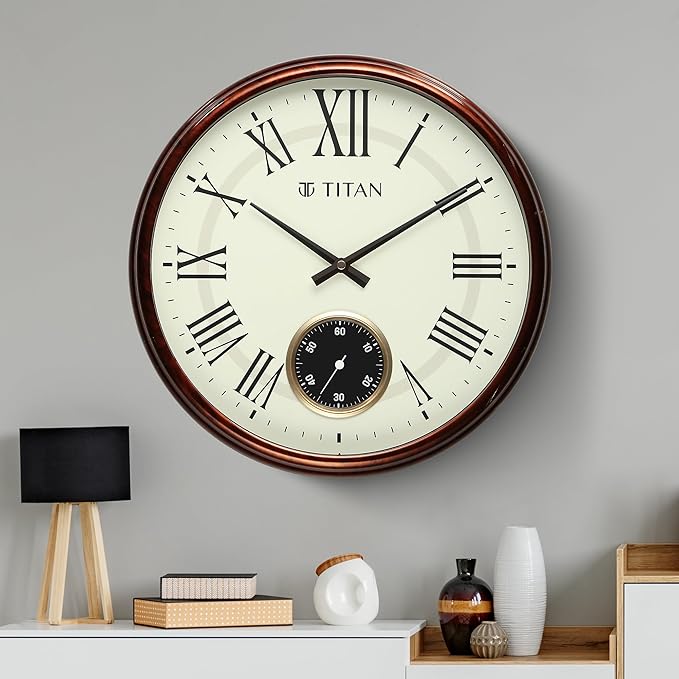 Titan Contemporary Wall Clock with Sub-Second Dial & Wood Finish, Silent Sweep, Model W0091PA01 | 35 cm x 35 cm x 5 cm