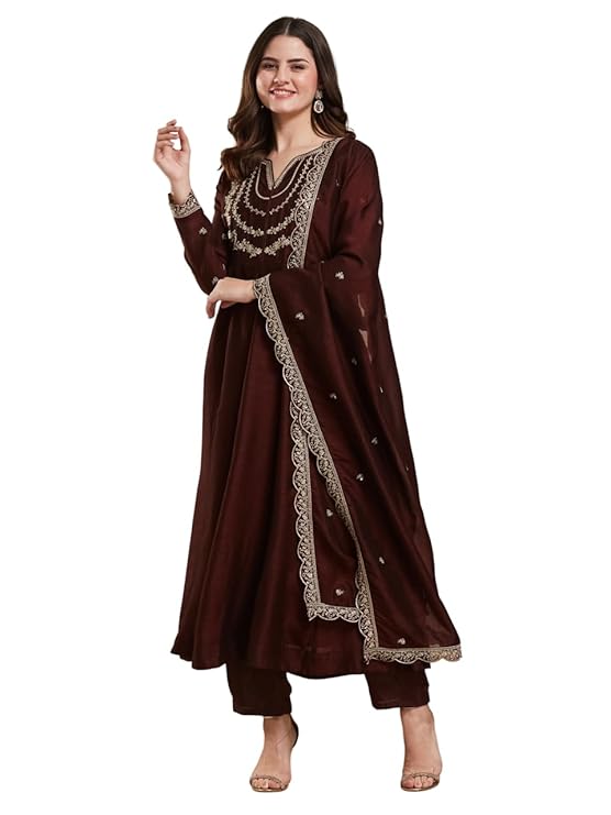 MOKOSH Women's Silk Embroidered Anarkali Kurta and Pant Set with Dupatta | 3 Piece Ethnic Kurta Set for Women | Regular Fit Traditional Outfit | Festive Kurta Set