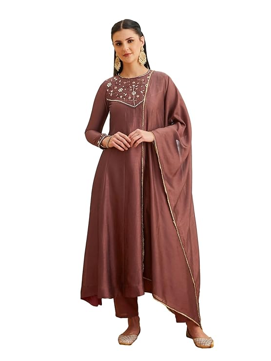 MOKOSH Women's Silk Floral Yoke Embroidered Handwork Anarkali Kurta Pant Dupatta Set Full Sleeve Ethnic Wear